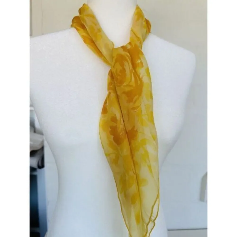 Vintage Vera Neumann 100% Silk Hand Rolled Scarf Japan Yellow Brown Floral 30x30